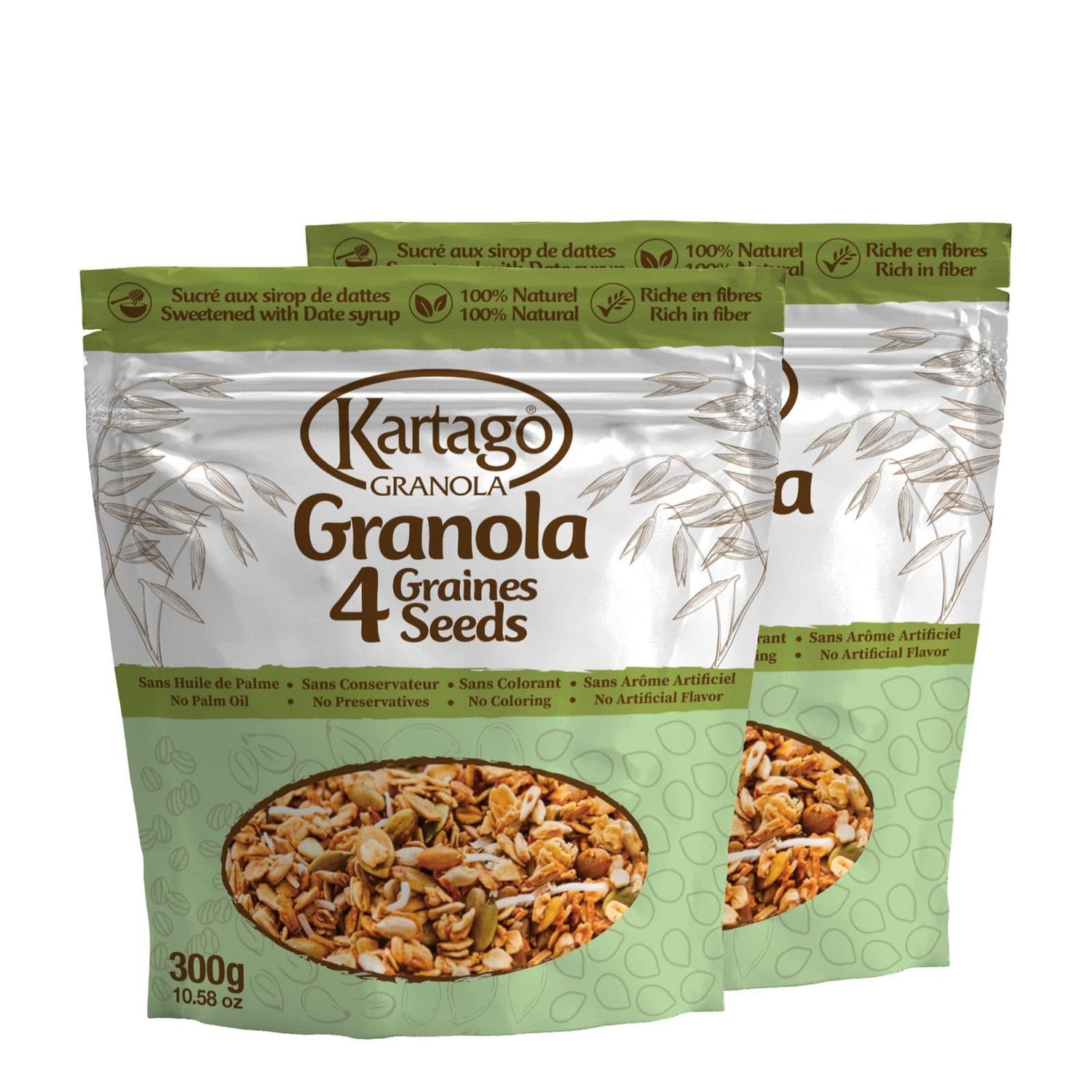 Kartago Granola Cereals 4 Seeds (Chia, Flax, Sesame, Pumpkin), Naturally Sweetened with Date Syrup, Healthy Breakfast, 10.58 oz, (Pack of 2)