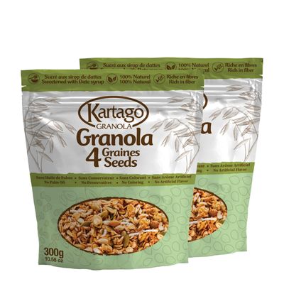 Kartago Granola Cereals 4 Seeds (Chia, Flax, Sesame, Pumpkin), Naturally Sweetened with Date Syrup, Healthy Breakfast, 10.58 oz, (Pack of 2)