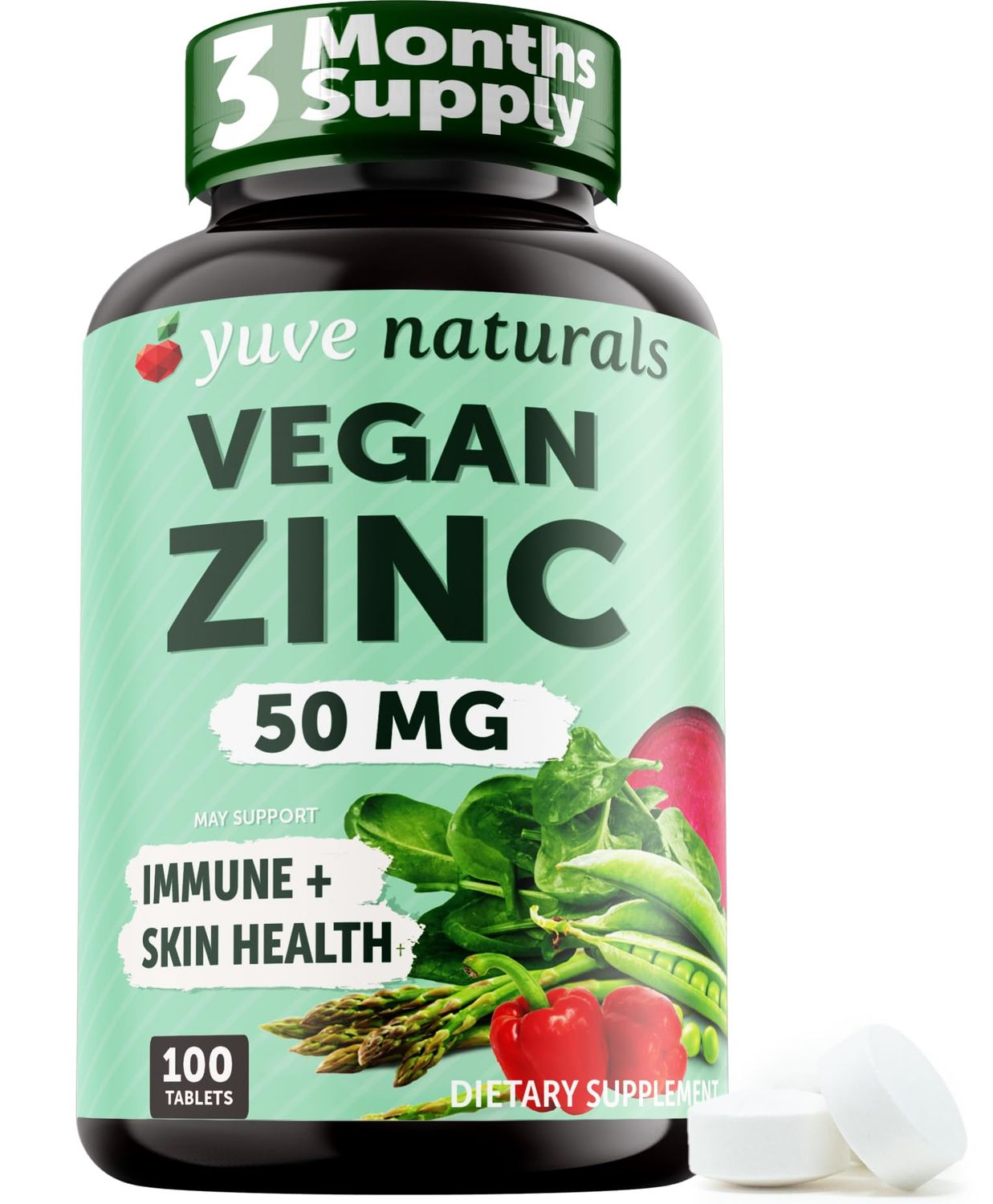 Yuve Natural Vegan Zinc Supplements 50mg, Immune Support, Fast Relief from Colds and Flu, Acne Free Skin, Healthy Hormone Levels, Non-GMO, Gluten Sugar Free - 100 Vegetarian Tablets