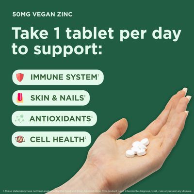 Yuve Natural Vegan Zinc Supplements 50mg, Immune Support, Fast Relief from Colds and Flu, Acne Free Skin, Healthy Hormone Levels, Non-GMO, Gluten Sugar Free - 100 Vegetarian Tablets