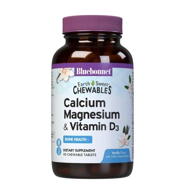 Bluebonnet Nutrition Calcium Magnesium Plus Vitamin D3 Earthsweet, Bone Health Muscle Relaxation, Soy-Free, Gluten-Free, Kosher Certified, Dairy-Free, 90 Vanilla Flavored Chewable Tablets
