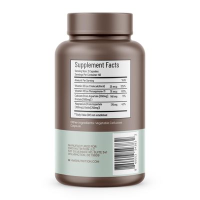HMS Nutrition Calcium, Magnesium, Vitamins D3 and K2-120 Vegan Capsules, 60 Day Supply - Immune System Health, Strong Bones Teeth - Non-GMO, Soy Free, Dairy Free