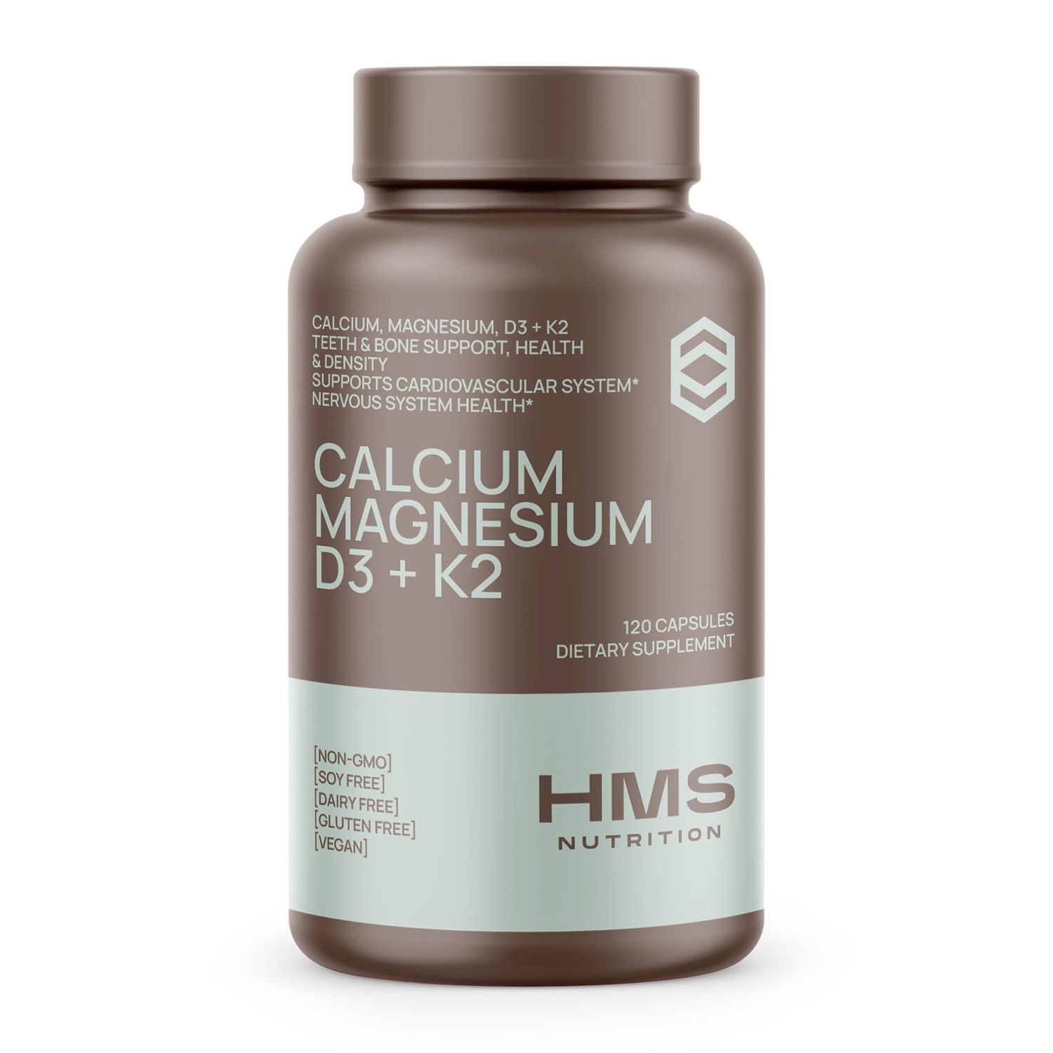 HMS Nutrition Calcium, Magnesium, Vitamins D3 and K2-120 Vegan Capsules, 60 Day Supply - Immune System Health, Strong Bones Teeth - Non-GMO, Soy Free, Dairy Free