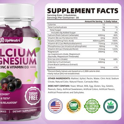 Calcium Magnesium Zinc with Vitamin D3 Supplement, Sugar Free Calcium Gummies for Women Men, High Absorption Zinc Gummies for Bone Muscle Immune Health, Vegan Elderberry Flavor - 60 Count