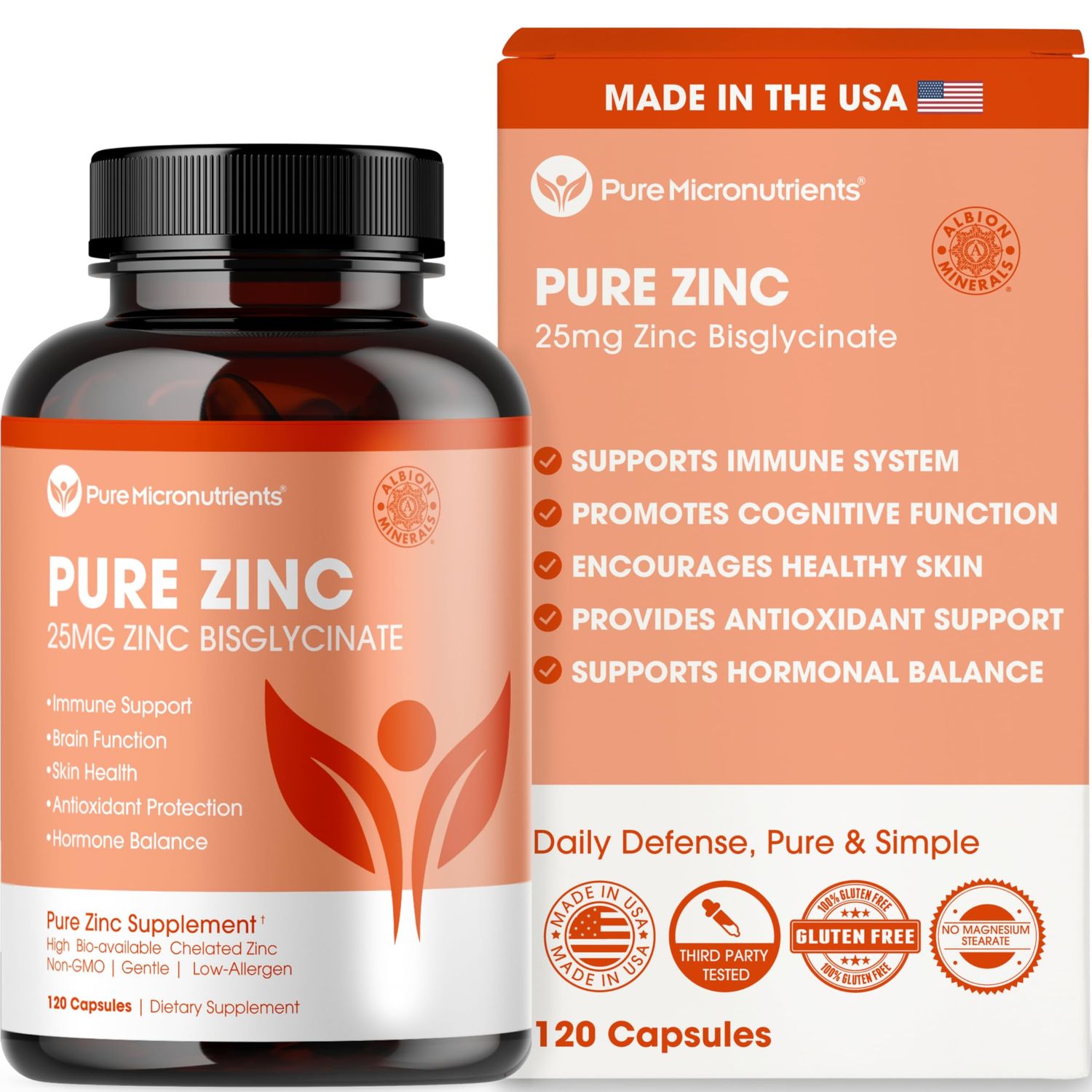 Pure Zinc Supplement 25mg - TRAACS Bisglycinate Chelate - 120 Capsules for Immune Support, Skin Health Energy - for Men Women
