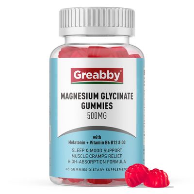 Greabby Magnesium Glycinate Gummies 500mg for Adults Sleep Support, Chewable Magnesium Gummies for Women Men, Muscle Relief Magnesium Supply (60 Gummies)