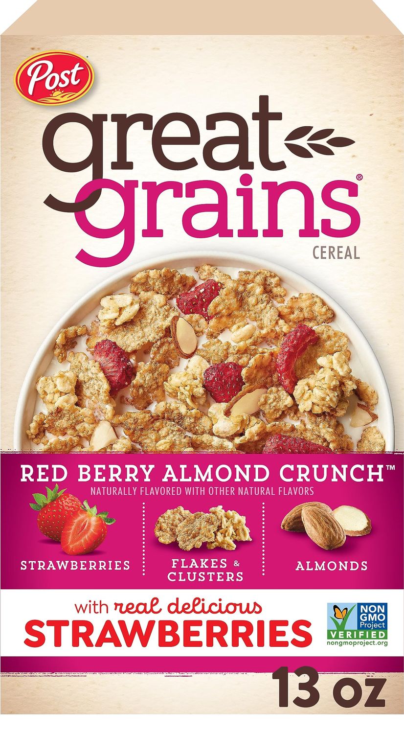 Great Grains Red Berry Almond Crunch Cereal, Strawberry Cereal with Granola Clusters and Sliced Almonds, Non-GMO Project Verified, 13 OZ Box