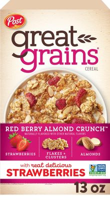 Great Grains Red Berry Almond Crunch Cereal, Strawberry Cereal with Granola Clusters and Sliced Almonds, Non-GMO Project Verified, 13 OZ Box