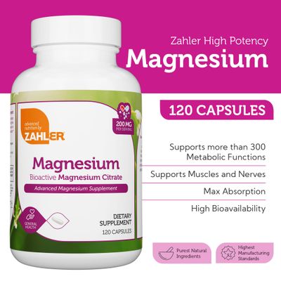 Zahler - Magnesium Supplement Capsules 200 mg (120 Count) Certified Kosher Bioactive Magnesium Citrate for Max Absorption - Natural Magnesium Mineral for Men Women - Best Magnesium Supplements