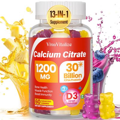 13-in-1 Calcium Citrate Gummies, 1200 mg with Vitamin D3, K2, Magnesium, Zinc, Ultimate Absorption Calcium Supplements for Women Men, Bone, Muscle Immune Support, Blueberry Pineapple, 60 Gummies