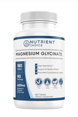 Nutrient Choice 400 mg Magnesium Glycinate 180 Tablets 90 Servings High Absorption Non-GMO Promotes Cardiovascular Health Supplement for Sleep, Leg Cramps Ease Muscles, Calm Headaches Made in USA