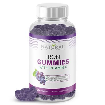 Iron Gummies with Vitamin C for Adults Kids - Chewable Iron Supplement for Iron Deficiency Anemia, Red Blood Cell Support, Energy, Immune Function, Brain Health, Max Absorption, Grape Flavor, Vegan