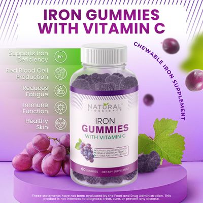 Iron Gummies with Vitamin C for Adults Kids - Chewable Iron Supplement for Iron Deficiency Anemia, Red Blood Cell Support, Energy, Immune Function, Brain Health, Max Absorption, Grape Flavor, Vegan