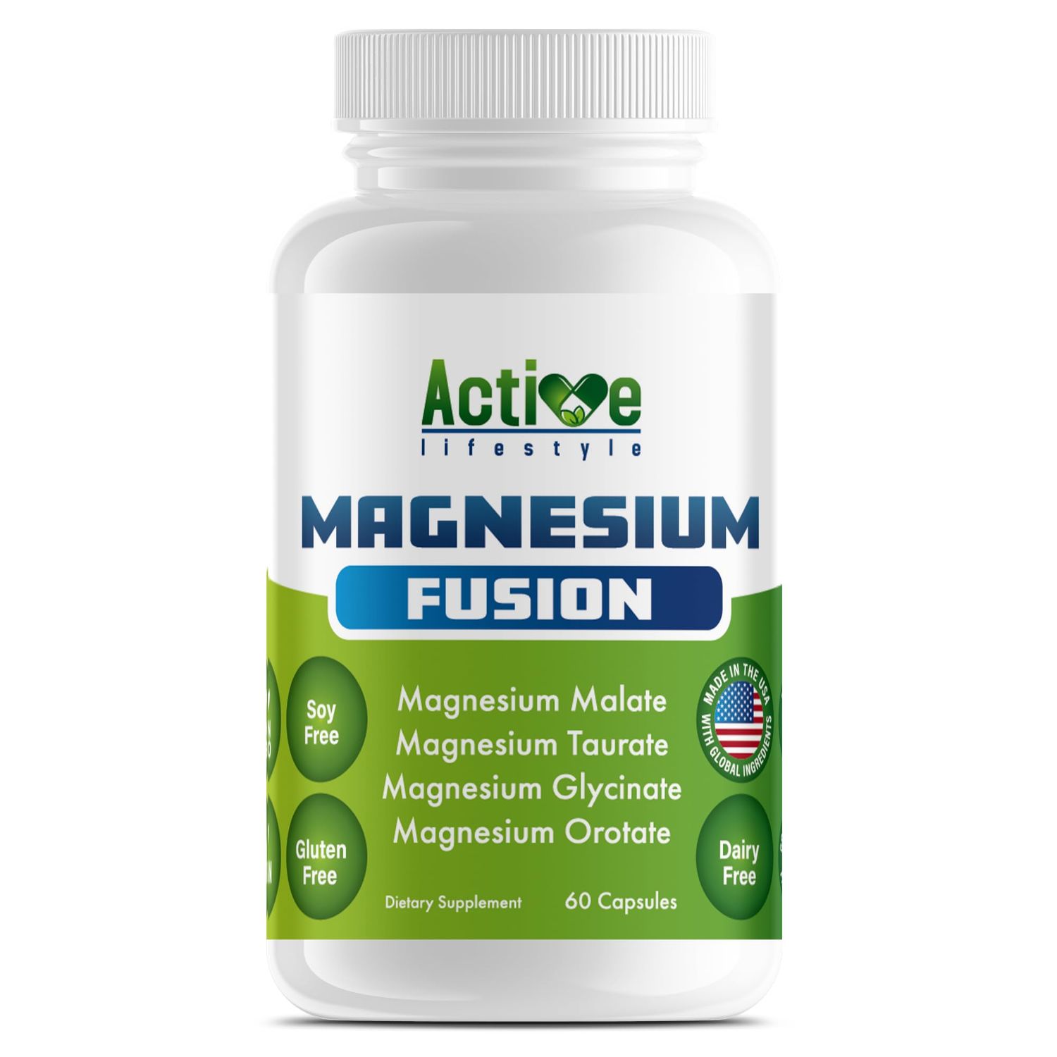 Magnesium Complex for Men Women Sleep, Joints, Heart, Energy Has 4 Forms of Magnesium: Glycinate, Malate, Taurate, Orotate Made in America 200 mg 60 Capsules