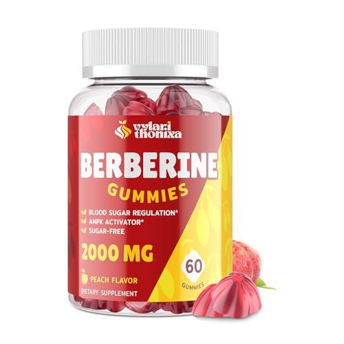 2000mg Berberine Supplement Gummies - High Potency Berberine with Ceylon Cinnamon Candy, Turmeric, Magnesium, Chromium - Sugar Free, Vegan, Non-GMO, Gluten-Free - Peach Flavor 60 Gummies - 1 Pack
