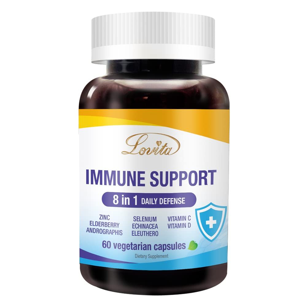 Lovita Immune Support 8 in 1, Elderberry with Zinc and Vitamin C, Vitamin D, Selenium Echinacea, Andrographis, Siberian Ginseng - Immune Booster Supplement, 60 Vegetarian Capsules