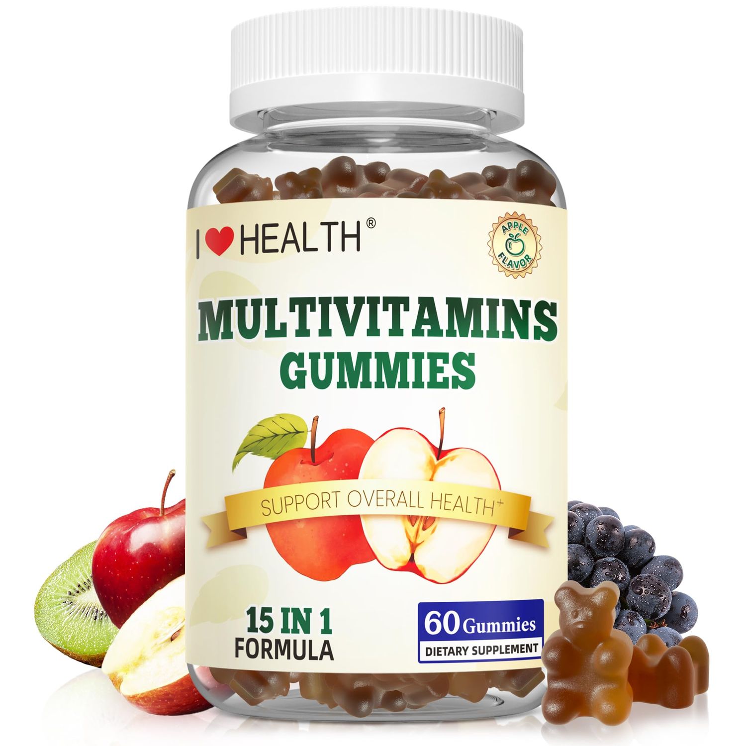 I LOVE HEALTH 15-in-1 Multivitamin Gummies for Adults Kids - Enhanced Formula with Vitamin A, C, D3, E, B12, Zinc, Magnesium More - Apple Flavor - 60 Gummies per Bottle - Made in cGMP Facility