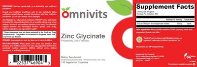Zinc Glycinate Zinc Bisglycinate Chelate 20mg Immune Support, Antioxidant 120 Vegetarian Capsules Omnivits