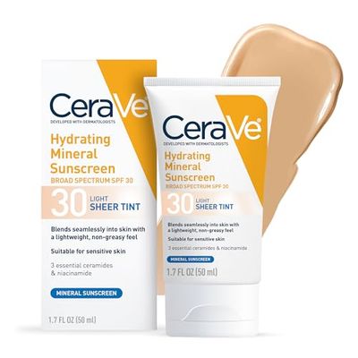 CeraVe Hydrating Mineral Sunscreen SPF 30 with Sheer Tint, Tinted Mineral Sunscreen with Zinc Oxide Titanium Dioxide, Blends Seamlessly For Healthy Glow, Light, 1.7 Oz