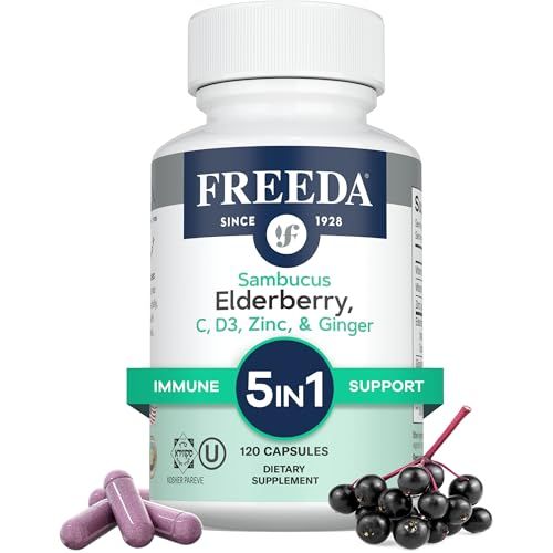 FREEDA Sambucus Elderberry with Vitamin C, Zinc, Vitamin D3 Ginger - 5 in 1 Herbal Antioxidant Immune Support Supplement for Women Men - Gluten Free Adult Elderberry Capsules, USA Made (120 Count)