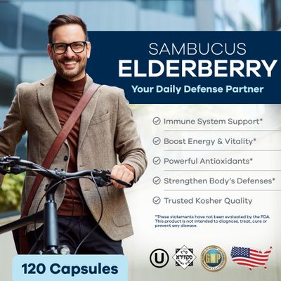 FREEDA Sambucus Elderberry with Vitamin C, Zinc, Vitamin D3 Ginger - 5 in 1 Herbal Antioxidant Immune Support Supplement for Women Men - Gluten Free Adult Elderberry Capsules, USA Made (120 Count)