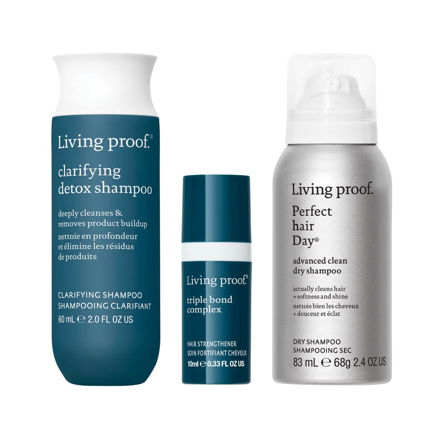 Living Proof Healthy Hair Travel Kit - Travel Size Clarifying Detox Shampoo, Triple Bond Complex and Advanced Clean Dry Shampoo (57 value)