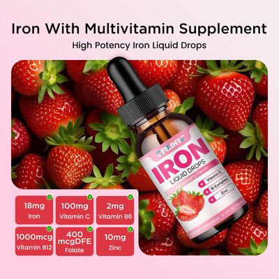 Liquid Iron Supplement for Women Men Kids Multivitamin Iron Drops with Folate, Vitamin C, B6, B12, Zinc for Anemia, Iron Deficiency, Blood Builder, Energy - Natural Strawberry Flavor, Vegan 2 Fl Oz