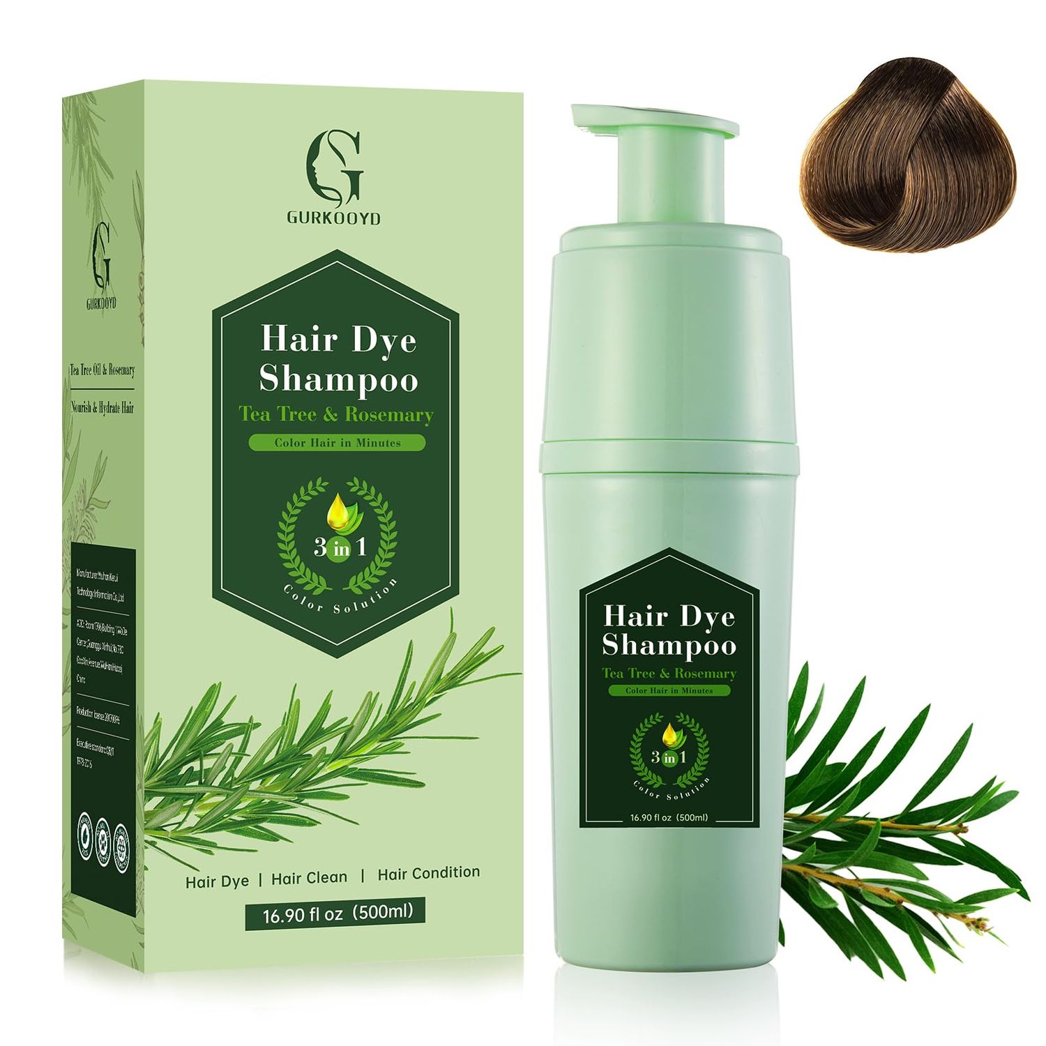 Fvquhvo 3 in 1 Hair Dye Shampoo Light Brown, Instant Hair Color Shampoo Colors in Minutes, Lasting Brown Hair Shampoo, Tea Tree Rosemary Shampoo Hair Dye