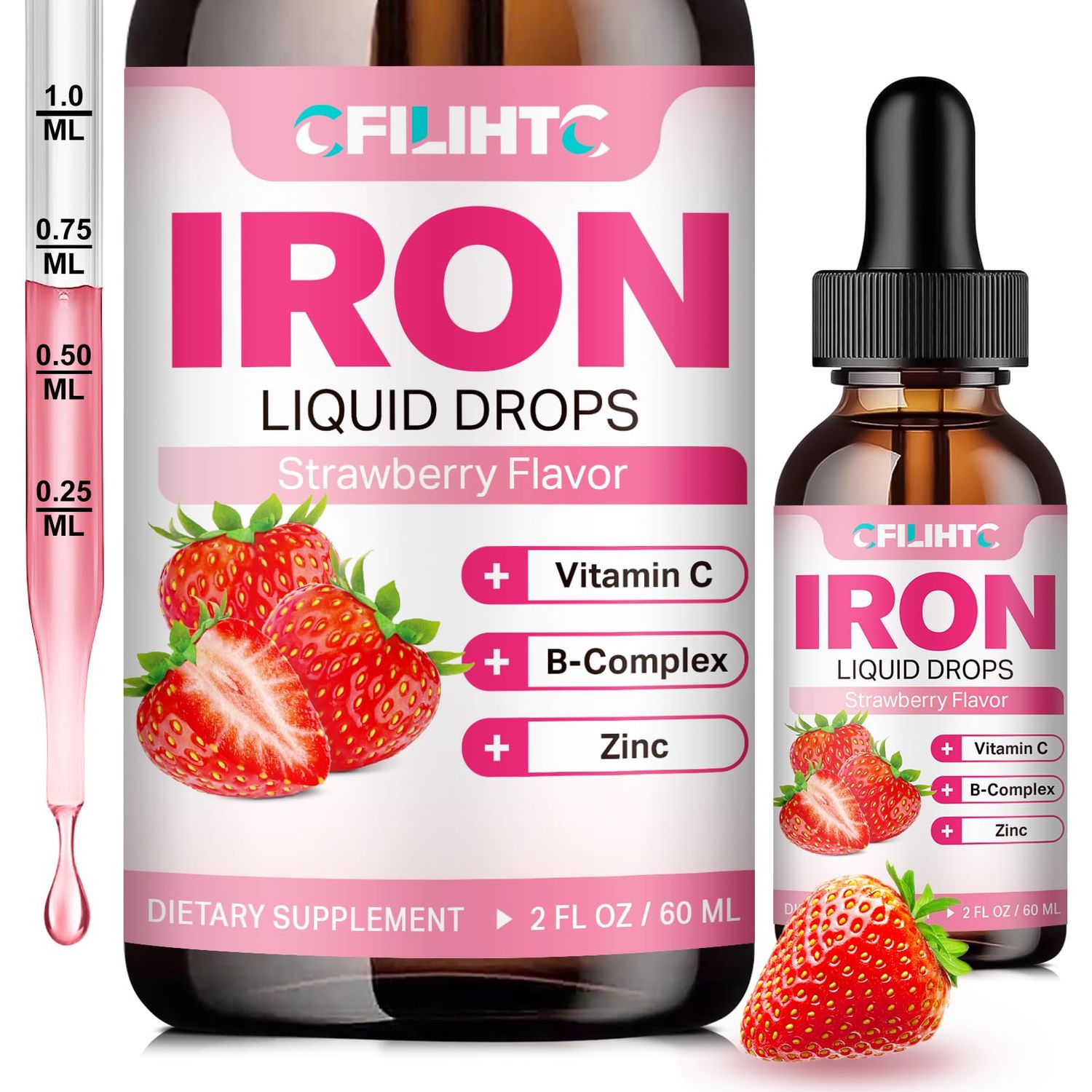 Liquid Iron Supplement for Women Men Kids Multivitamin Iron Drops with Folate, Vitamin C, B6, B12, Zinc for Anemia, Iron Deficiency, Blood Builder, Energy - Natural Strawberry Flavor, Vegan 2 Fl Oz