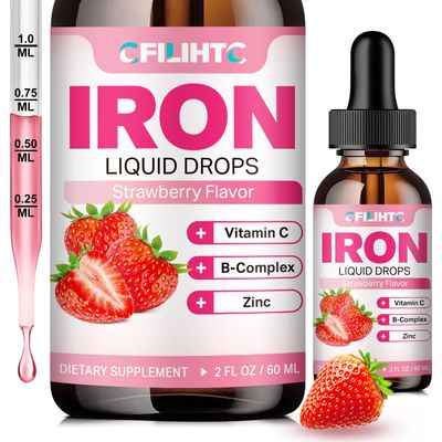 Liquid Iron Supplement for Women Men Kids Multivitamin Iron Drops with Folate, Vitamin C, B6, B12, Zinc for Anemia, Iron Deficiency, Blood Builder, Energy - Natural Strawberry Flavor, Vegan 2 Fl Oz