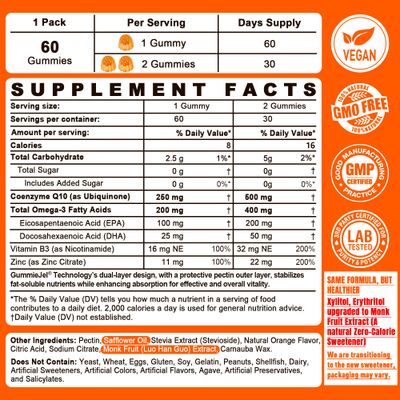 Sugar-Free CoQ10-250mg 500mg Filled Gummies - Plus Omega-3, EPA DHA, B3 Zinc - Ultra Co Q-10 Supplements for Hear-t Health, Cellular Energy, Antioxidant Support, Up to 60 Day Supply, Vegan 60Cts