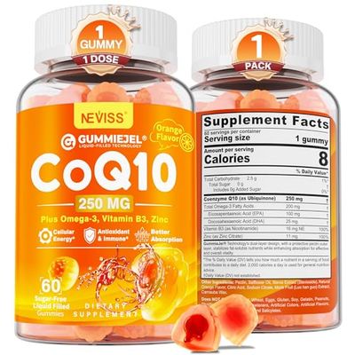 Sugar-Free CoQ10-250mg 500mg Filled Gummies - Plus Omega-3, EPA DHA, B3 Zinc - Ultra Co Q-10 Supplements for Hear-t Health, Cellular Energy, Antioxidant Support, Up to 60 Day Supply, Vegan 60Cts
