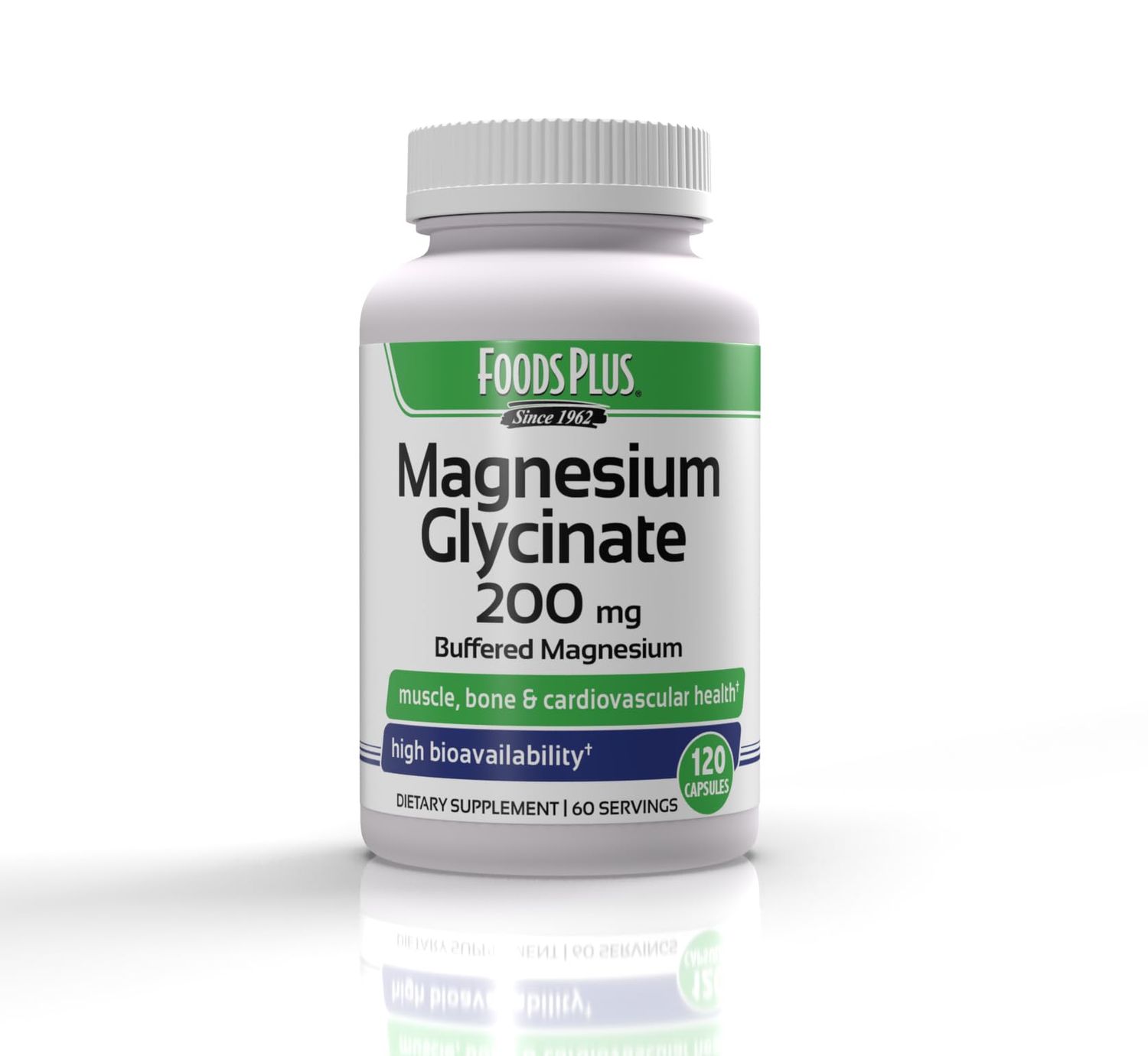 FoodsPlus Magnesium Glycinate 200 mg per Serving, Muscle, and Cardiovascular Health, Buffered Magnesium, Health and Nutrient Metabolism, High Bioavailability, 60 Servings