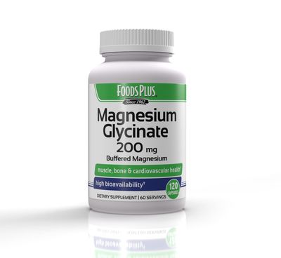 FoodsPlus Magnesium Glycinate 200 mg per Serving, Muscle, and Cardiovascular Health, Buffered Magnesium, Health and Nutrient Metabolism, High Bioavailability, 60 Servings