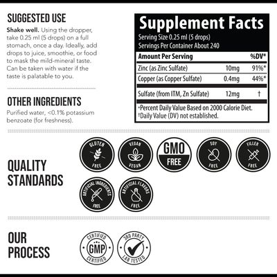Ionic Zinc Plus Copper Liquid Concentrate 240 Servings, Glass Bottle, Vegan - Balanced Ratio of Zinc Copper - Supports Immunity, Brain Thyroid (2 oz.)