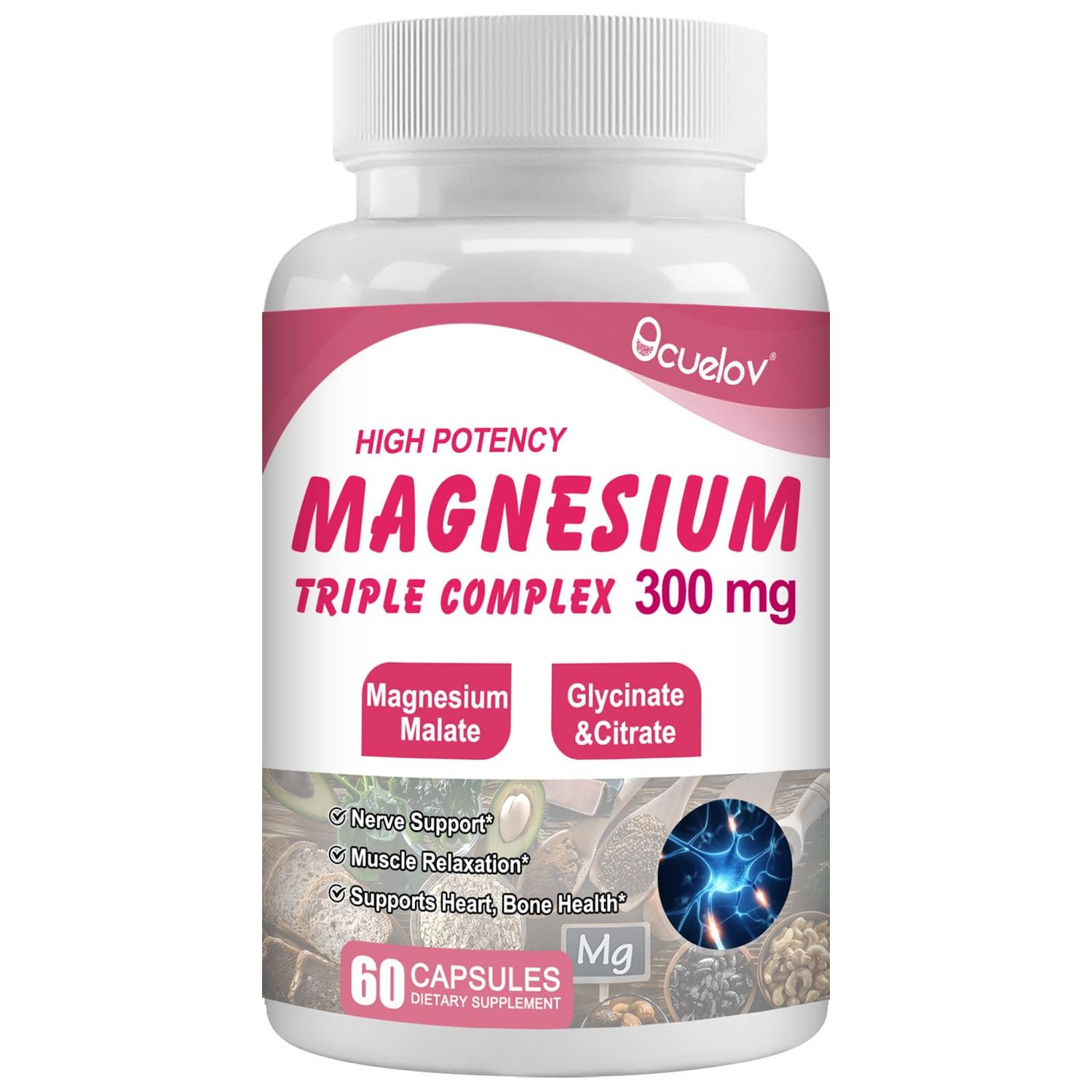 Triple Magnesium Complex Supplement, 300mg Magnesium (Glycinate, Malate Citrate) Complex for Muscles, Nerves, Bone Energy Vegan, Non-GMO 60 Capsules