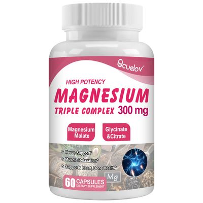 Triple Magnesium Complex Supplement, 300mg Magnesium (Glycinate, Malate Citrate) Complex for Muscles, Nerves, Bone Energy Vegan, Non-GMO 60 Capsules