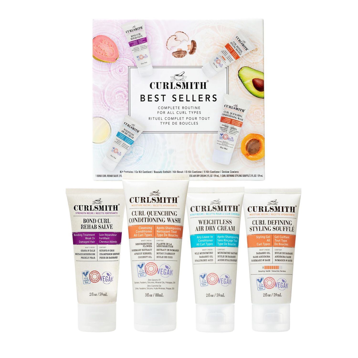 Curlsmith - Best Sellers Travel Size Kit for all curl types. Includes Strength, Moisture, and Scalp Recipes Pre-Shampoo Treatment, Shampoo Conditioner, Leave-In Conditioner, and Styling Souffl .