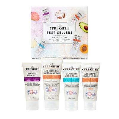 Curlsmith - Best Sellers Travel Size Kit for all curl types. Includes Strength, Moisture, and Scalp Recipes Pre-Shampoo Treatment, Shampoo Conditioner, Leave-In Conditioner, and Styling Souffl .