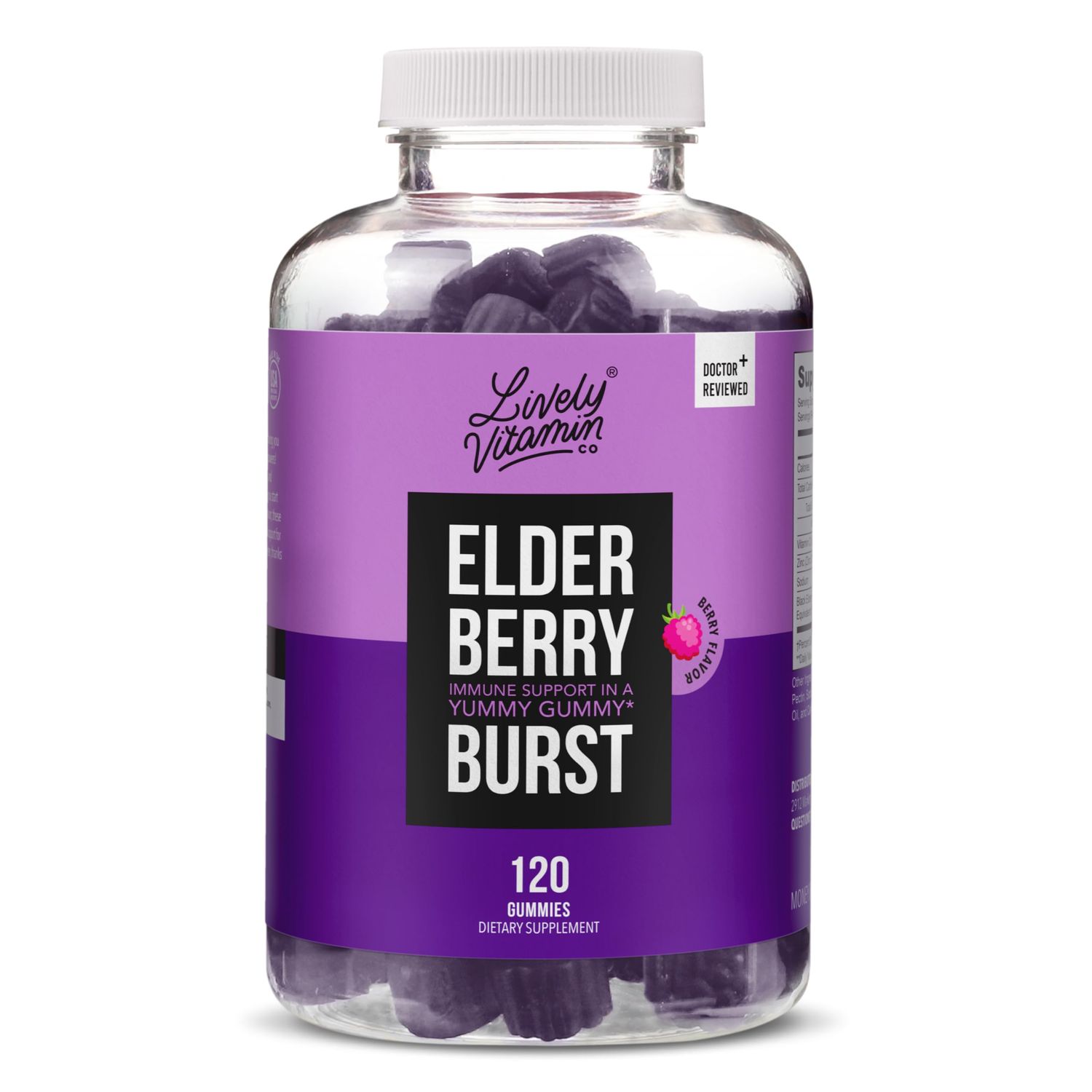 LIVELY VITAMIN CO. Elderberry Burst Gummies for Kids Adults - Boosts Immune Health - Helps Avoid Colds Illness - Black Elderberry, Vitamin C Zinc - 3 Grams of Sugar - No Gelatin - 120 Gummies
