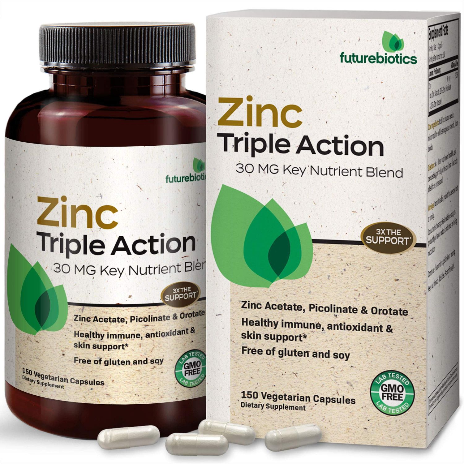 Futurebiotics Zinc Triple Action 30mg Key Nutrient Blend Immune Support Supplement with Zinc Acetate, Picolinate Orotate - Immune, Antioxidant Skin Health Support - 150 Vegetarian Capsules