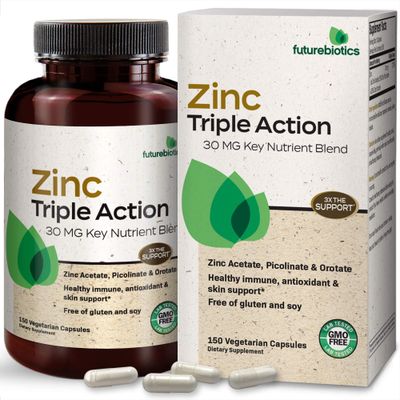 Futurebiotics Zinc Triple Action 30mg Key Nutrient Blend Immune Support Supplement with Zinc Acetate, Picolinate Orotate - Immune, Antioxidant Skin Health Support - 150 Vegetarian Capsules