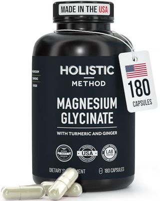 Magnesium Glycinate Capsules with Organic Turmeric and Ginger - 180 Vegan Capsules for Sleep, Relaxation, Muscle Cramps and Immune Support