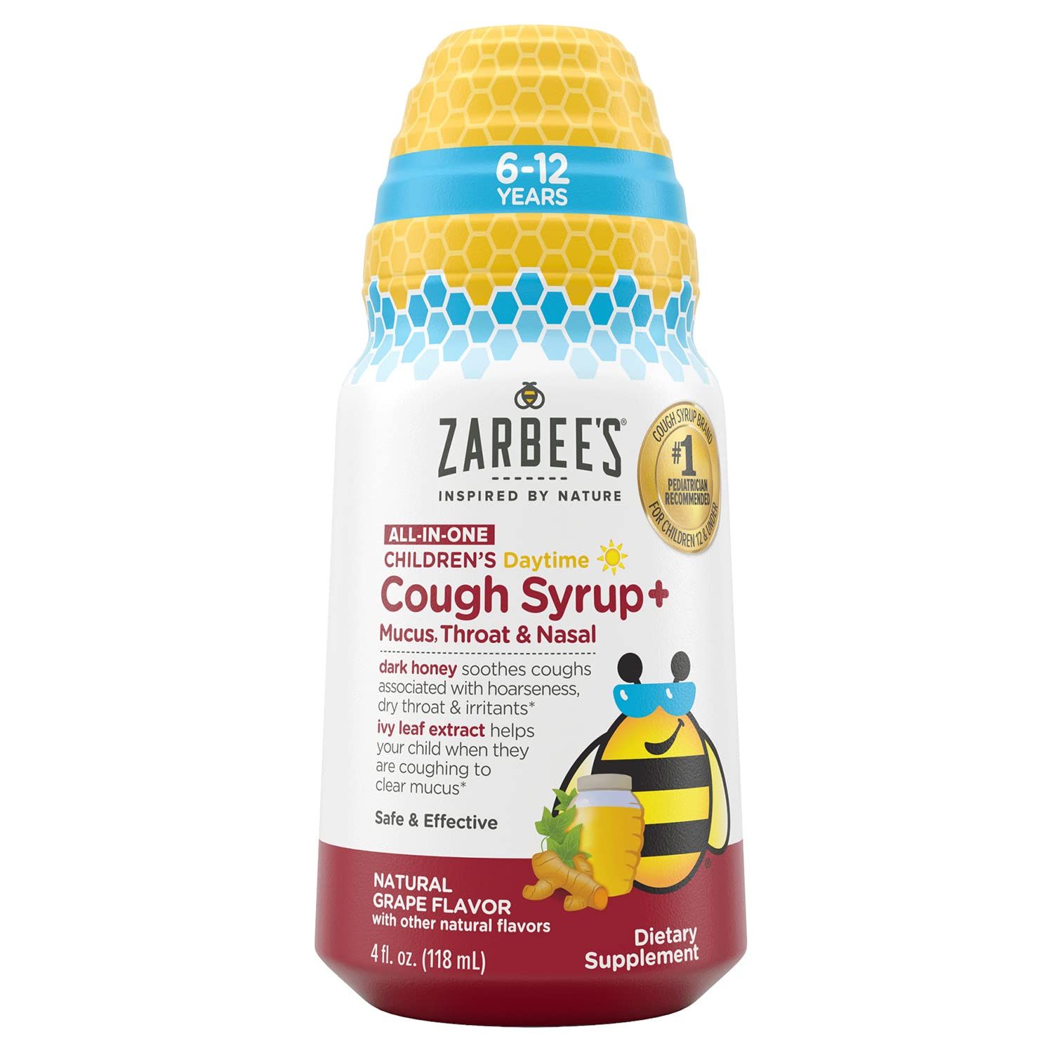 Zarbee&#39;s Children&#39;s Daytime All-in-One Honey Cough Syrup Mucus, Throat Nasal for Kids 6-12 Dark Honey, Ivy Leaf Extract, Zinc Turmeric Root, B-Vitamins, Drug-Free, Grape, 4 fl oz