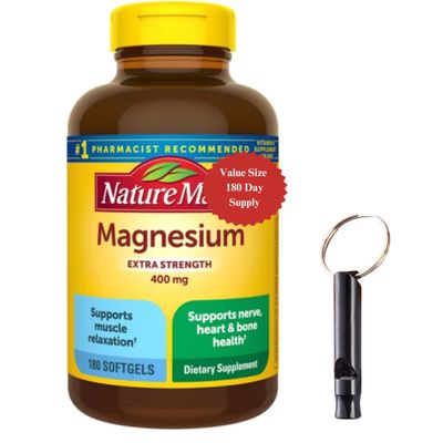 Magnesium 400 mg Oxide Extra Strength 180 Softgels, 180 Days Supply Bundle with Emergency Whistle Keychain (2 Items)