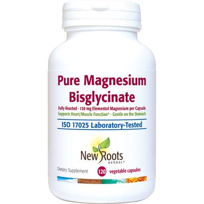 New Roots Pure Magnesium Bisglycinate Supplement (130 mg) Improved Magnesium Glycinate, Gentle on The Stomach, no Laxative Effect (120 Veg Caps)