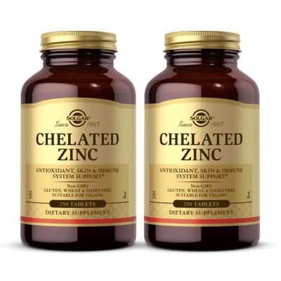 Solgar Chelated Zinc - 250 Tablets, Pack of 2 - Antioxidant, Skin Immune System Support - Non-GMO, Vegan, Kosher, Gluten Free - 500 Total Servings
