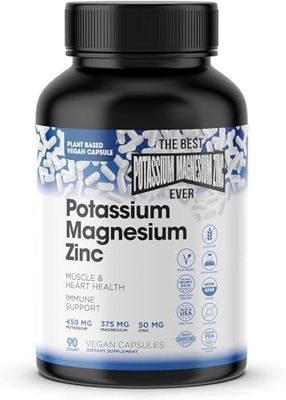 Magnesium Potassium Supplements wZinc - 90 Capsules - Magnesium Potassium Zinc for Vascular Health - High Absorption Vegan Potassium Magnesium Supplement for Leg Cramps Sleep