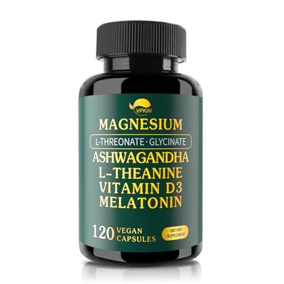 VPKIN Magnesium Ashwagandha Supplement,Magnesium L-threonate Glycinate,Melatonin,L-Theanine Plus Vitamin D3,Gluten Free,120 Capsules