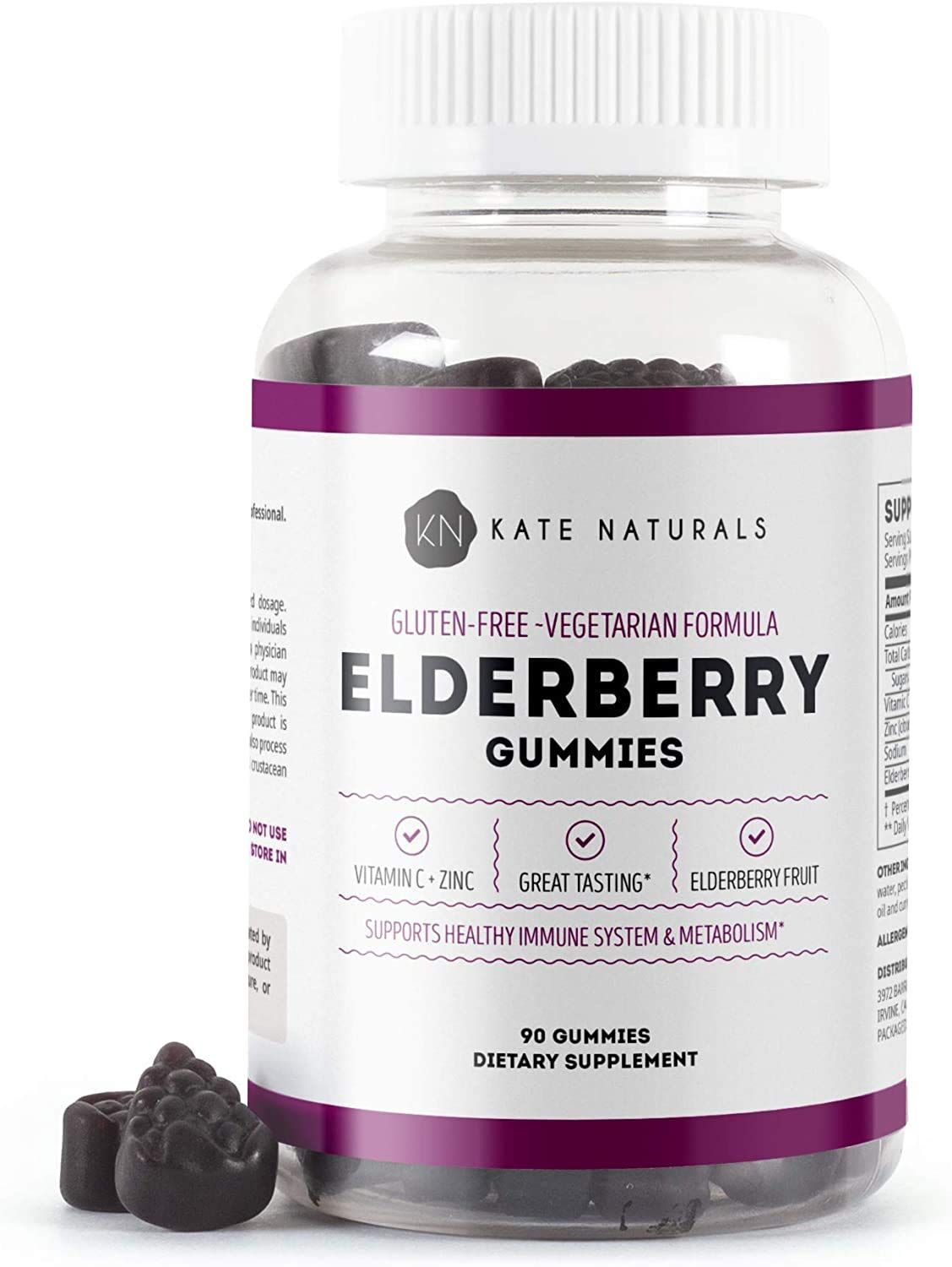 Kate Naturals Elderberry Gummies with Vitamin C and Zinc for Adults Kids. Tasty Sambucus Elderberry Gummies for Immune Support (90 Gummies, 45 Day Supply)